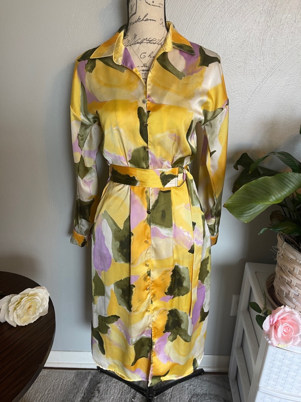 French Connection Satin Shirt Dress Belted Yellow Abstract Midi Dress Size S